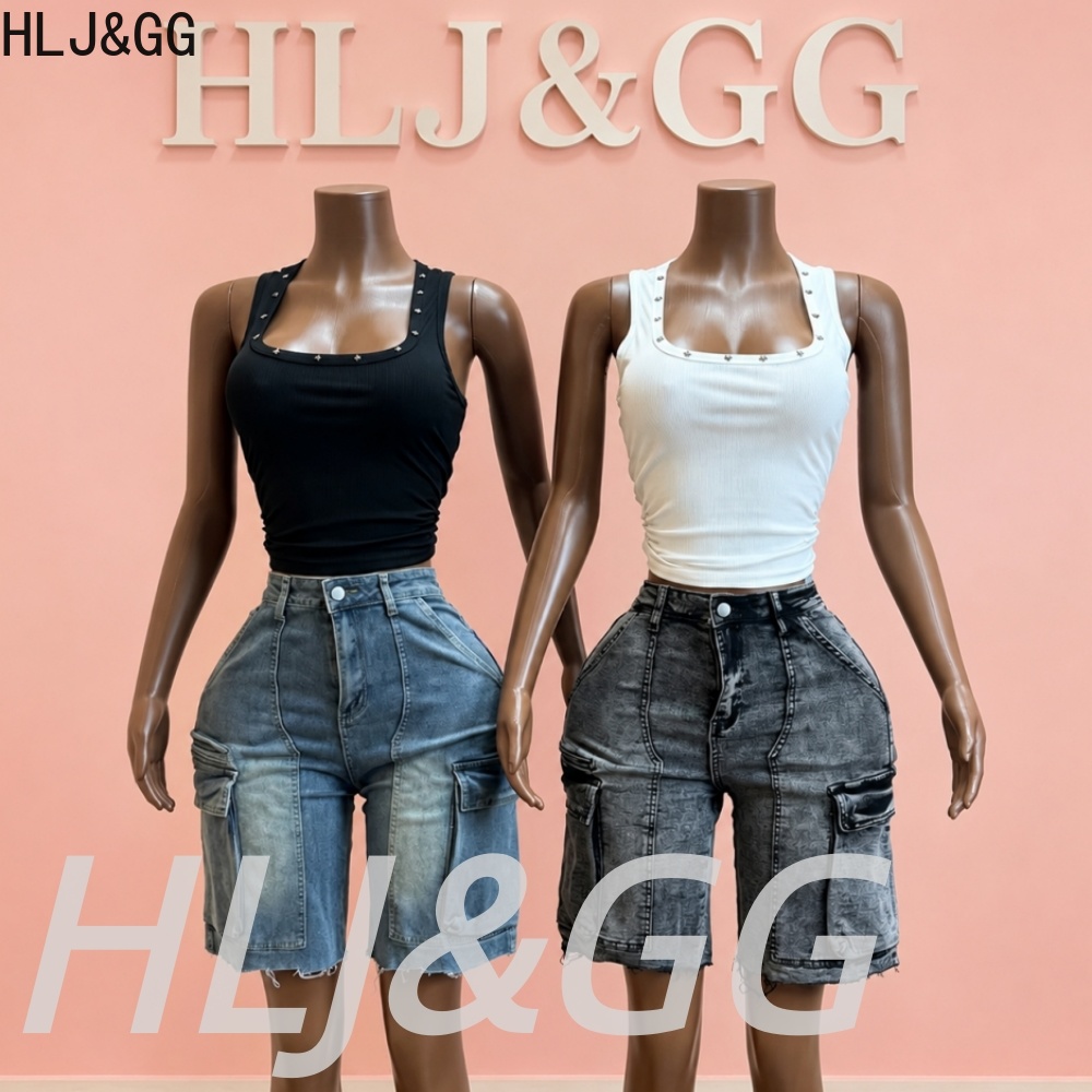 Women Fashion Jeans Top - HLJ&GG Modne jeansowe szorty z kieszeniami,