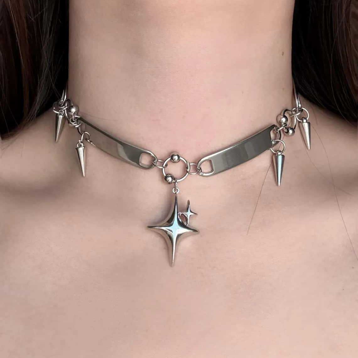 Women Fashion Necklace - Punkowy choker z nitami, biżuteria rockowa,