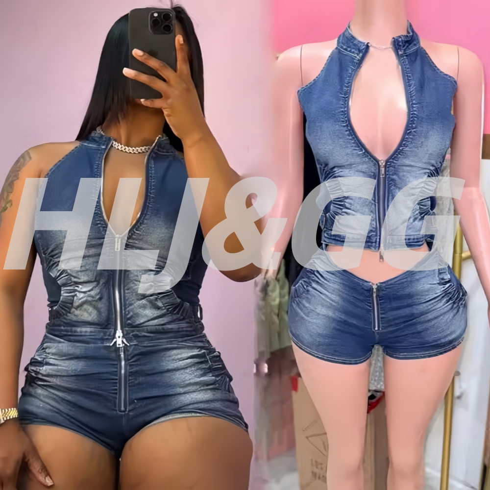 Women Fashion Jeans Top - HLJ&GG Blue Fashion Denim Halter Two