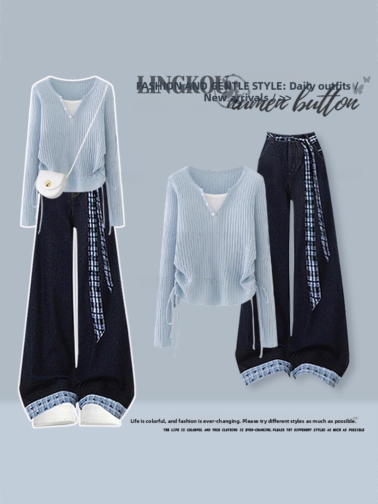 Women Fashion Jeans Top - Damski dwuczęściowy zestaw w stylu koreańskim: