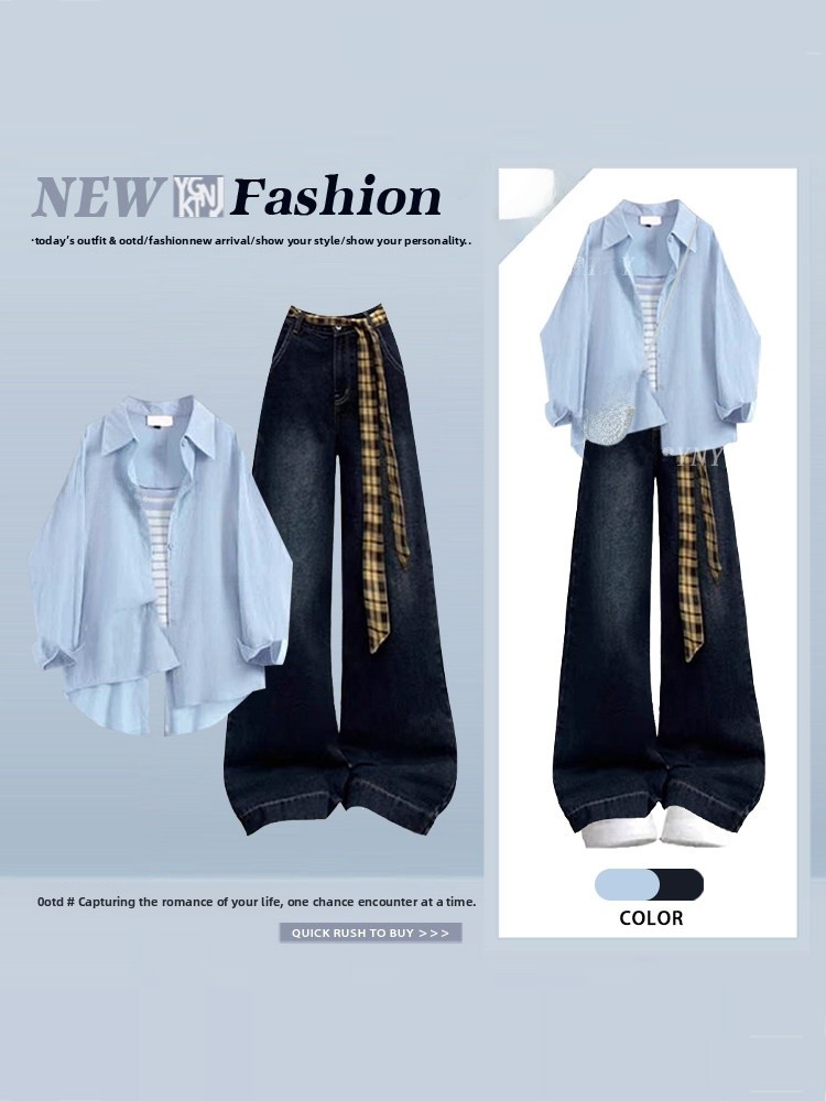 Women Fashion Jeans Top - Słodki niebieski zestaw trzyczęściowy dla kobiet: