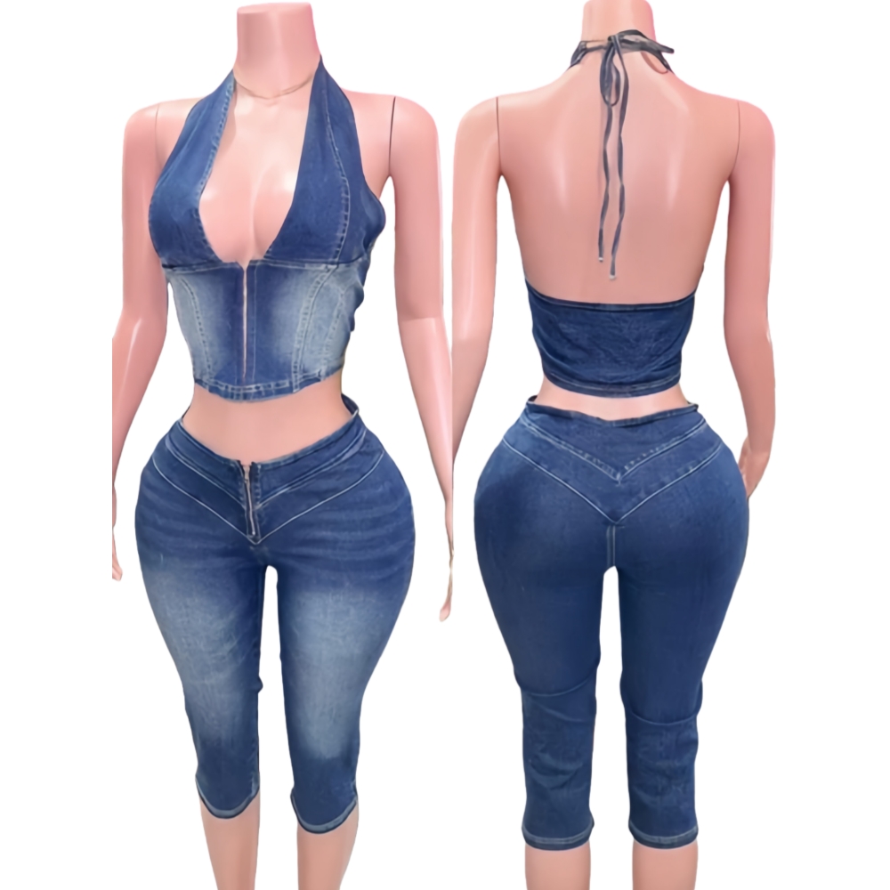 HLJ&GG Blue Fashion Denim Halt – Women Fashion Jeans Top recenzja i cena